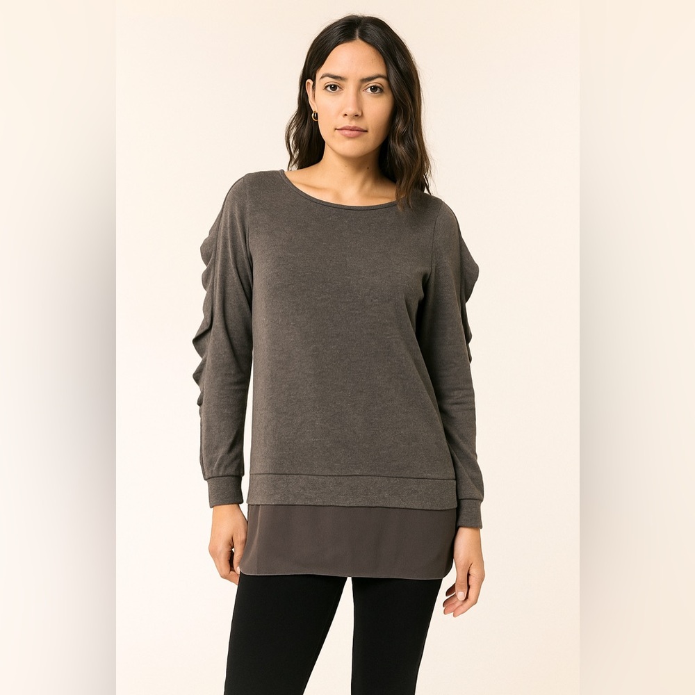 ANTHROPOLOGIE BAILY/44 dark grey long sleeve ruffle tunic faux leather bottom